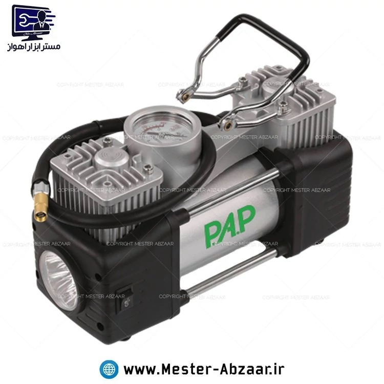 پمپ باد فندکی ماشین  قابلیت اتصال به برق شهری قابل انتخاب دو سیلندر برند پی ای پی PAP مدل P.A.P AC-1502 با لوا
