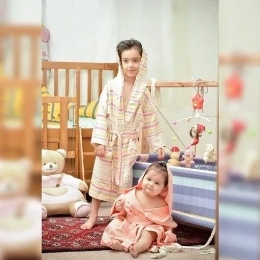 حوله کودک تن پوش کلاهدار یزدی بچه گانه برند ابراهیمی سایز 60 حوله یزدی تن پوش کودک نخی جنس 100 درصد نخ