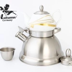 سرویس قوری و کتری استیل Autumn Germany مدل لوکس با قوری سرامیکی طرح طلایی