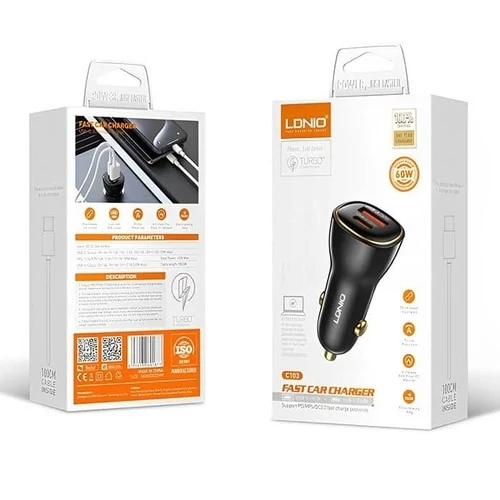شارژر فندکی شارژر الدینیو C104 توان 60 وات