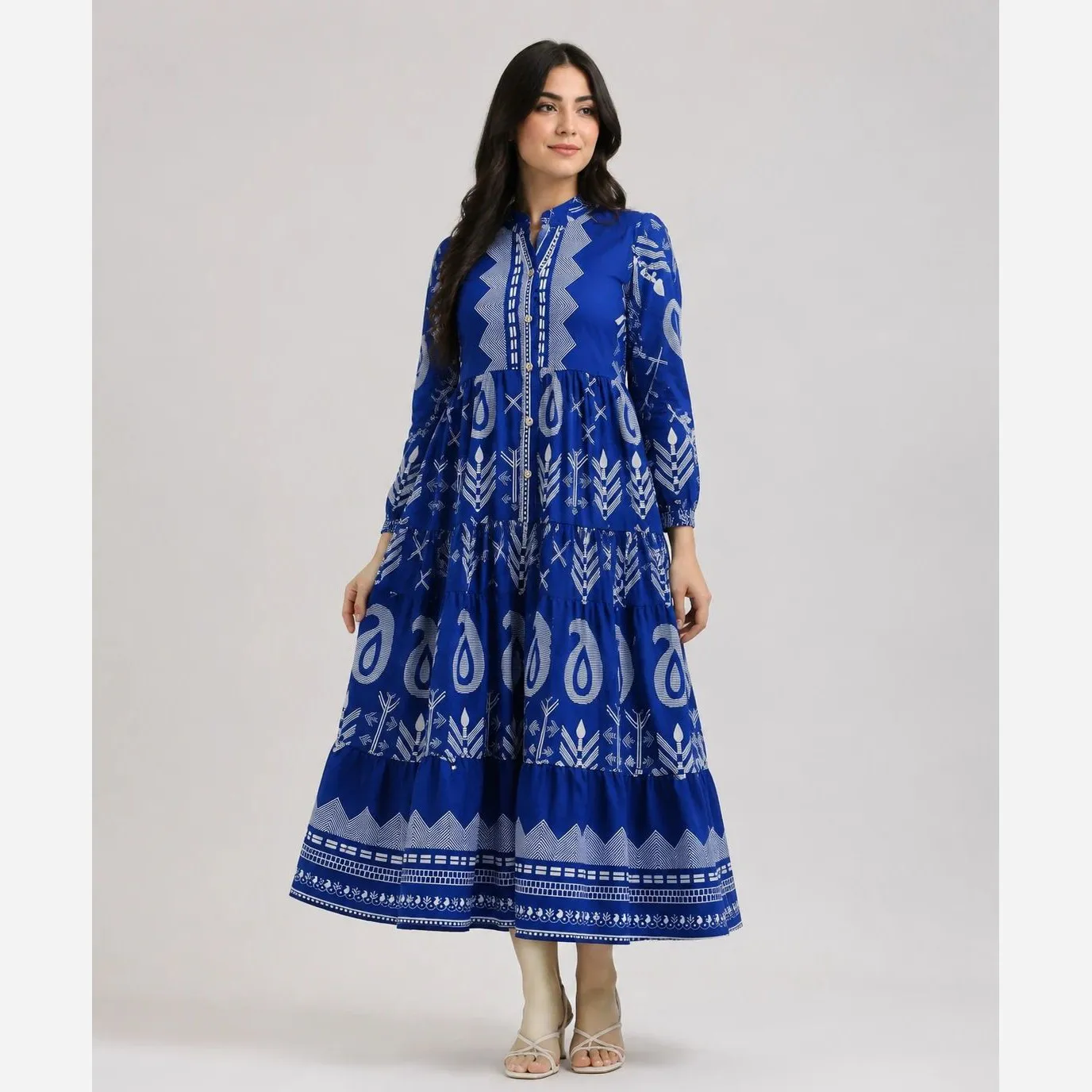 پیراهن زنانه ساحلی بلند طرح بته چقه مدل کلوش جنس سوپرسافت فری سایز