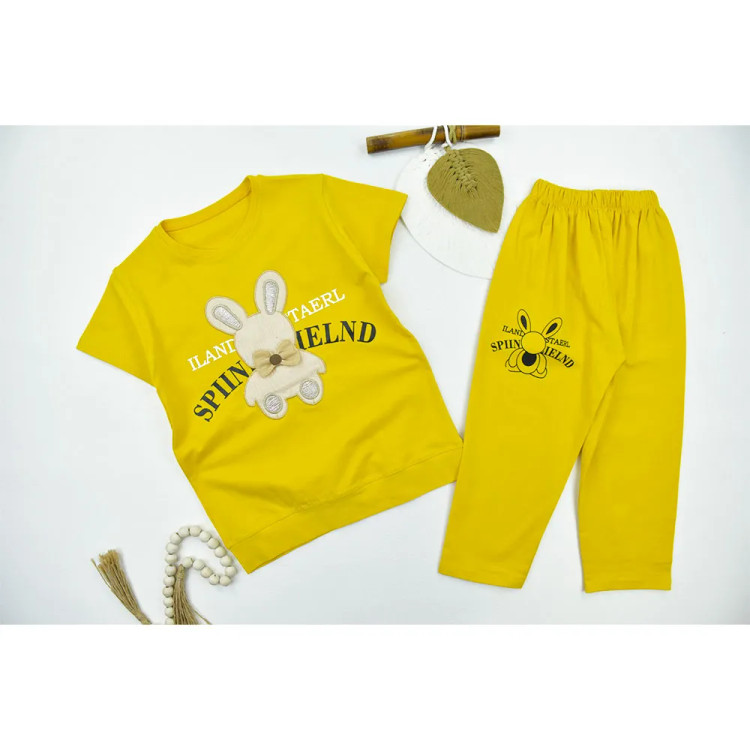 ست تیشرت و شلوارک دخترانه طرح خرگوش پاپیونی جنس پنبه سوپر