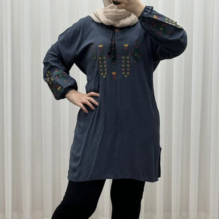 تونیک گلدوزی آی جان نخی شسته شده فری سایز تا 48 چهارفصل کمربنددار بدون آبرفت و رنگ رفت سایه نمیندازد