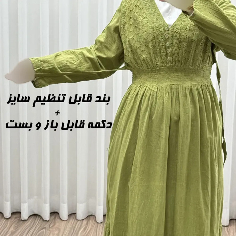 پیراهن ساحلی زنانه آستین بلند نخی تافته فری سایز مدل سلن دکمه دار آستردار