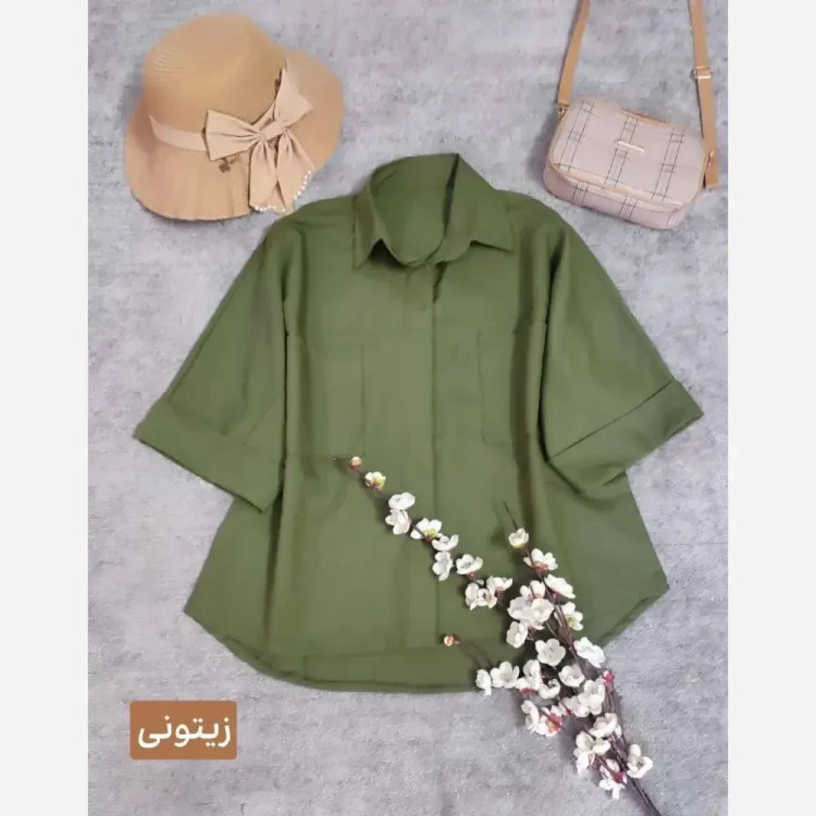 شومیز باکسی فری سایز لینن و داکرون در رنگهای آبی، سورمه، نسکافه، زیتونی و هلویی