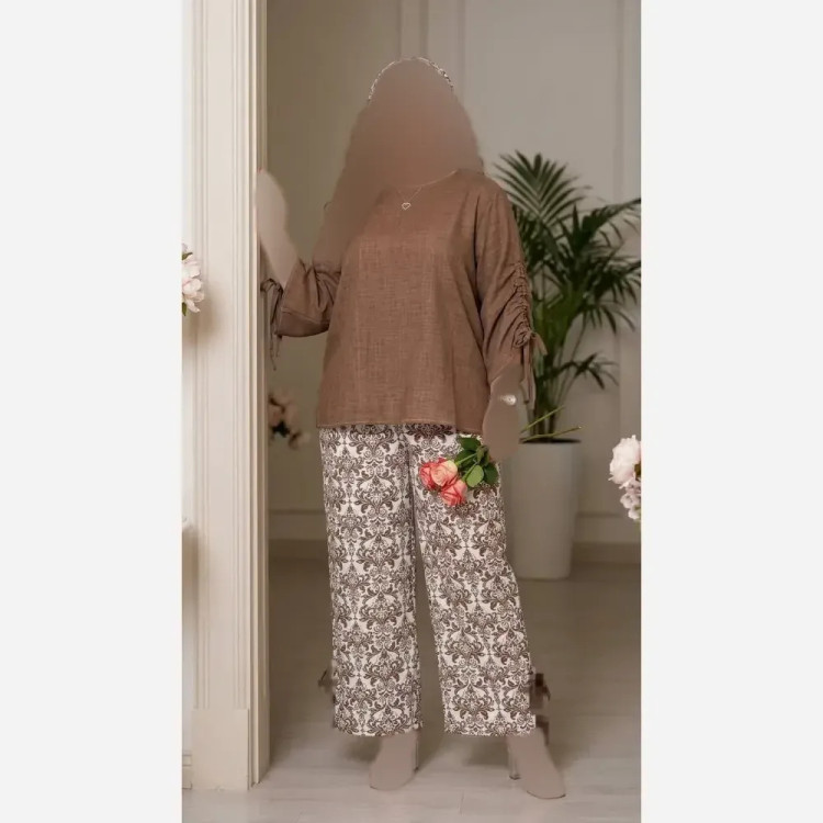 ست آناهیتا شومیز شانتون صوفیا و شلوار نخی اعلا فری سایز رنگبندی کرم سبز نسکافه مشکی دارچینی