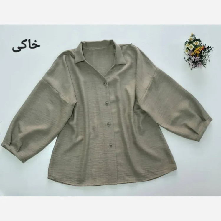 شومیز رخساره جنس شانتون سایز فری رنگ سبز خاکی طوسی اخرایی