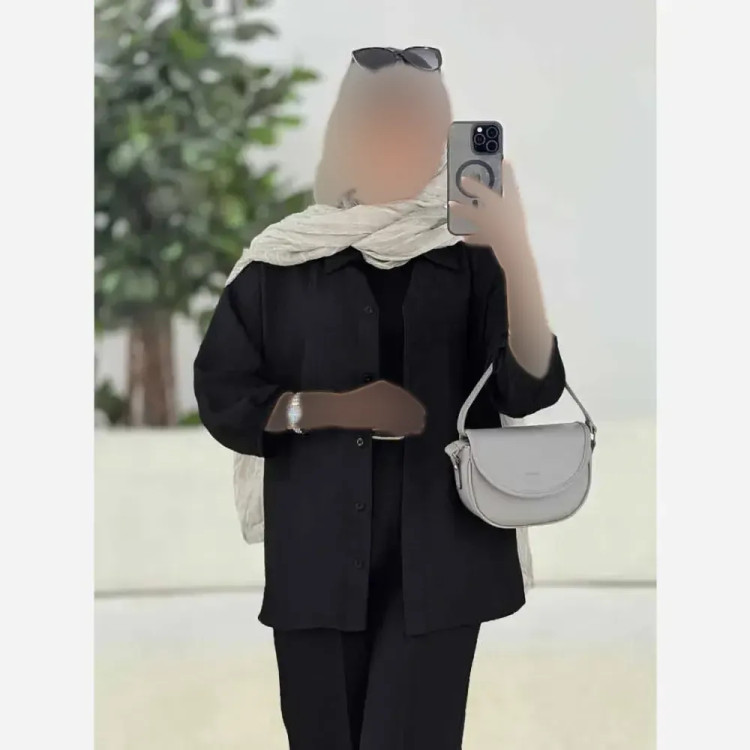 شومیز رخساره جنس شانتون سایز فری رنگ سبز خاکی طوسی اخرایی