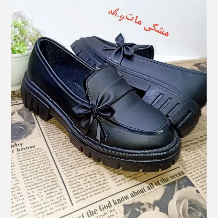 کفش لوفر زنانه پاشنه 5 سانت مدل پاپیونی جنس بیاله مات و براق