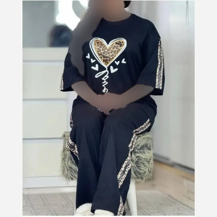 ست تیشرت شلوار گلکسی پنبه درجه یک زنانه مشکی فری سایز