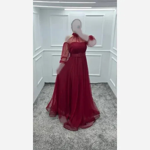 پیراهن ماکسی زنانه مجلسی تور خرجکار نواردوزی شده با کمربند قد 152