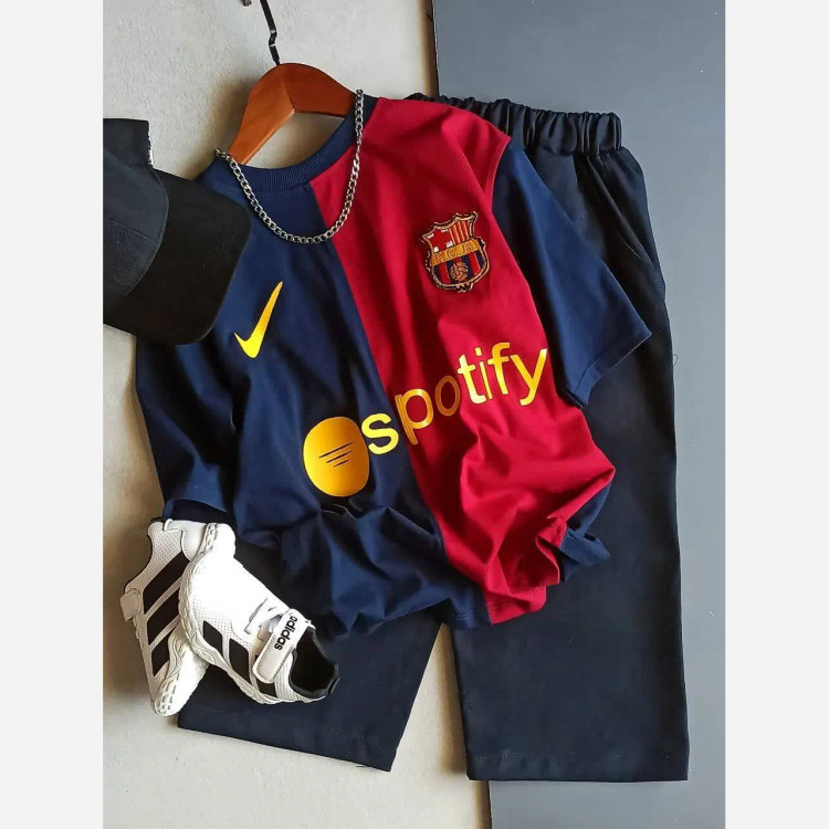 ست تیشرت و شلوارک پسرانه طرح بارسلونا جنس پنبه و کتان سایز 55 تا 70