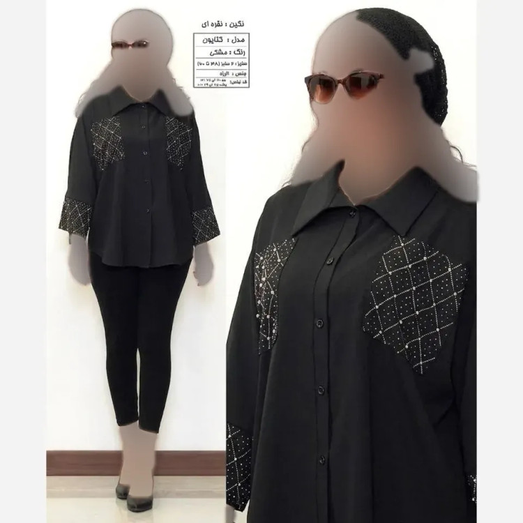 شومیز زنانه کرپ الیزه مدل کتایون با خرجکار نگین و مروارید سایز بزرگ