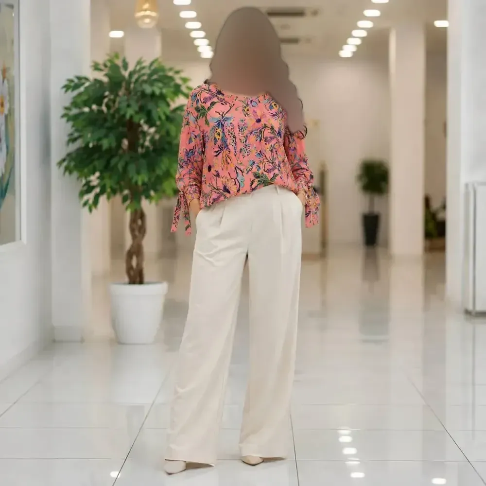 شومیز زنانه مدل الیزه طرح دار تابستانی آستین بنددار