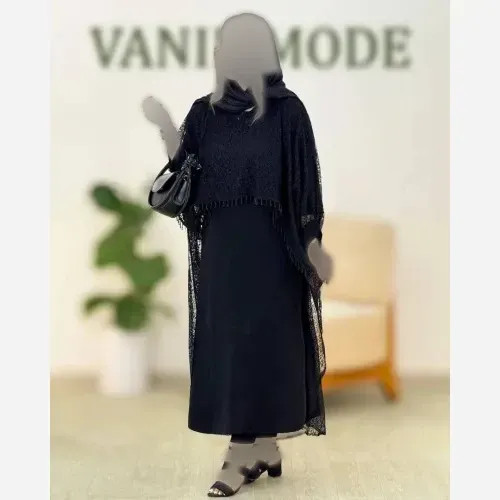ست پیراهن و رویه زنانه مدل سرمه جنس کرپ بوگاتی و گیپور رنگ مشکی فری سایز