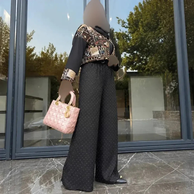 شلوار زنانه فول نگین جنس شانتون درجه یک رنگ مشکی فری سایز