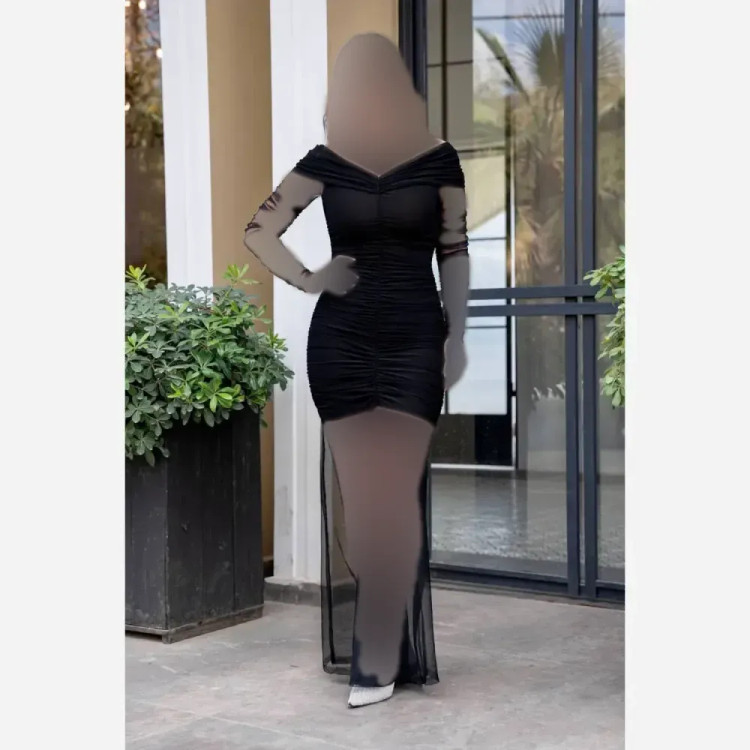 پیراهن مجلسی زنانه مدل هاریکا جنس فلامنت و تور رنگ مشکی قد 160