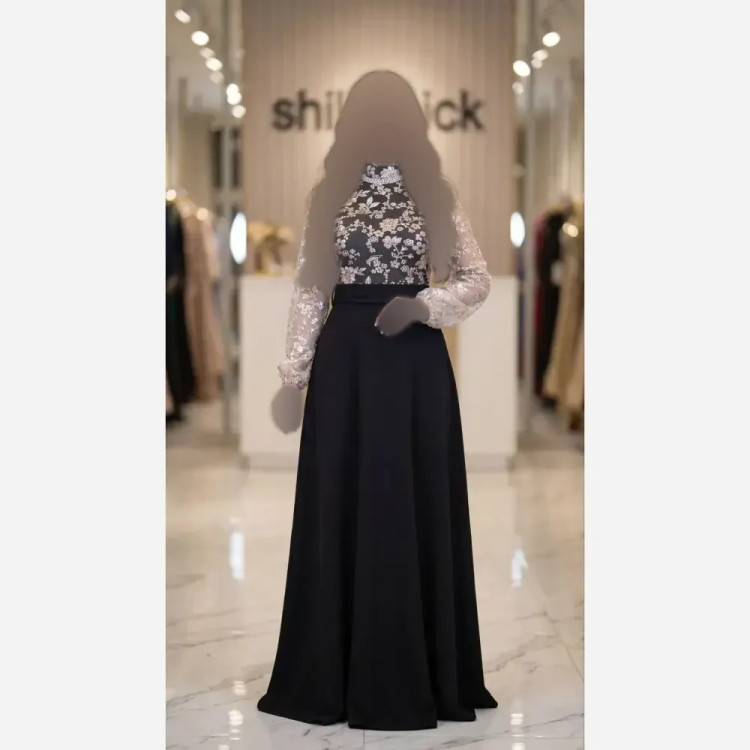 پیراهن زنانه مجلسی مدل هاریکا جنس فلامنت و تور رنگ مشکی قد 160