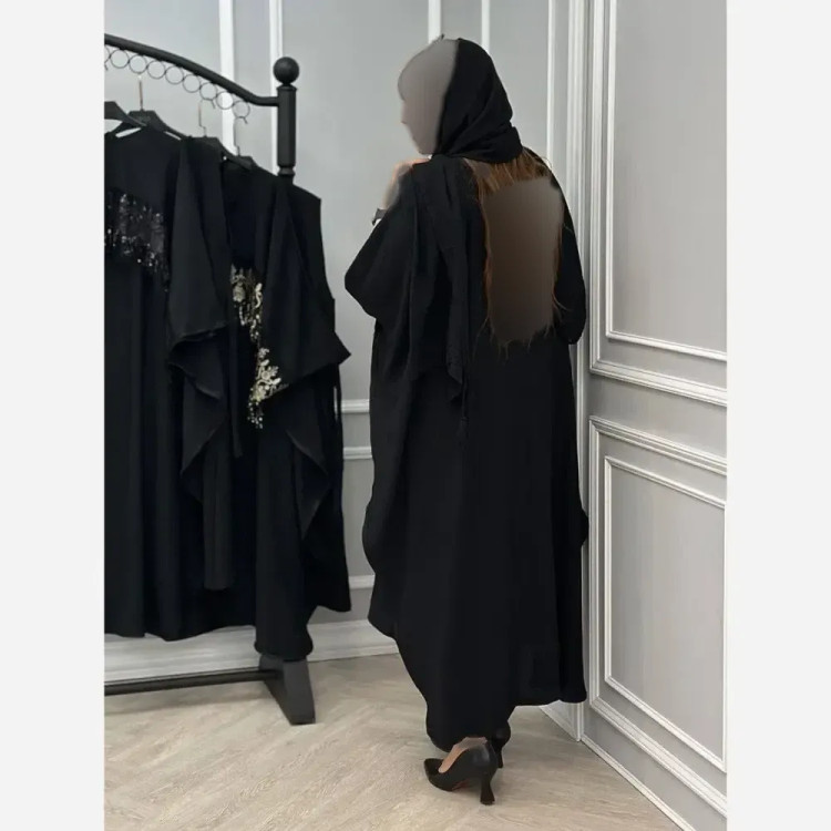 سارافون و رویه زنانه مجلسی ابروبادی مشکی با خرج کار گیپور پولک دوزی فری سایز
