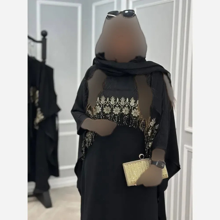 سارافون و رویه زنانه مجلسی ابروبادی مشکی با خرج کار گیپور پولک دوزی فری سایز