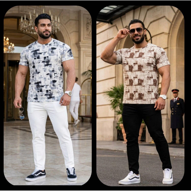 تیشرت مردانه بیسکوییتی چاپی سایز بزرگ نرم و کشسان رنگ طوسی و موکا