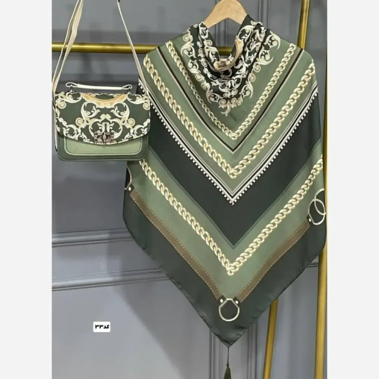 ست کیف و روسری زنانه مدل گالریا با کیف مخمل و چرم و روسری نخی منگولهدار