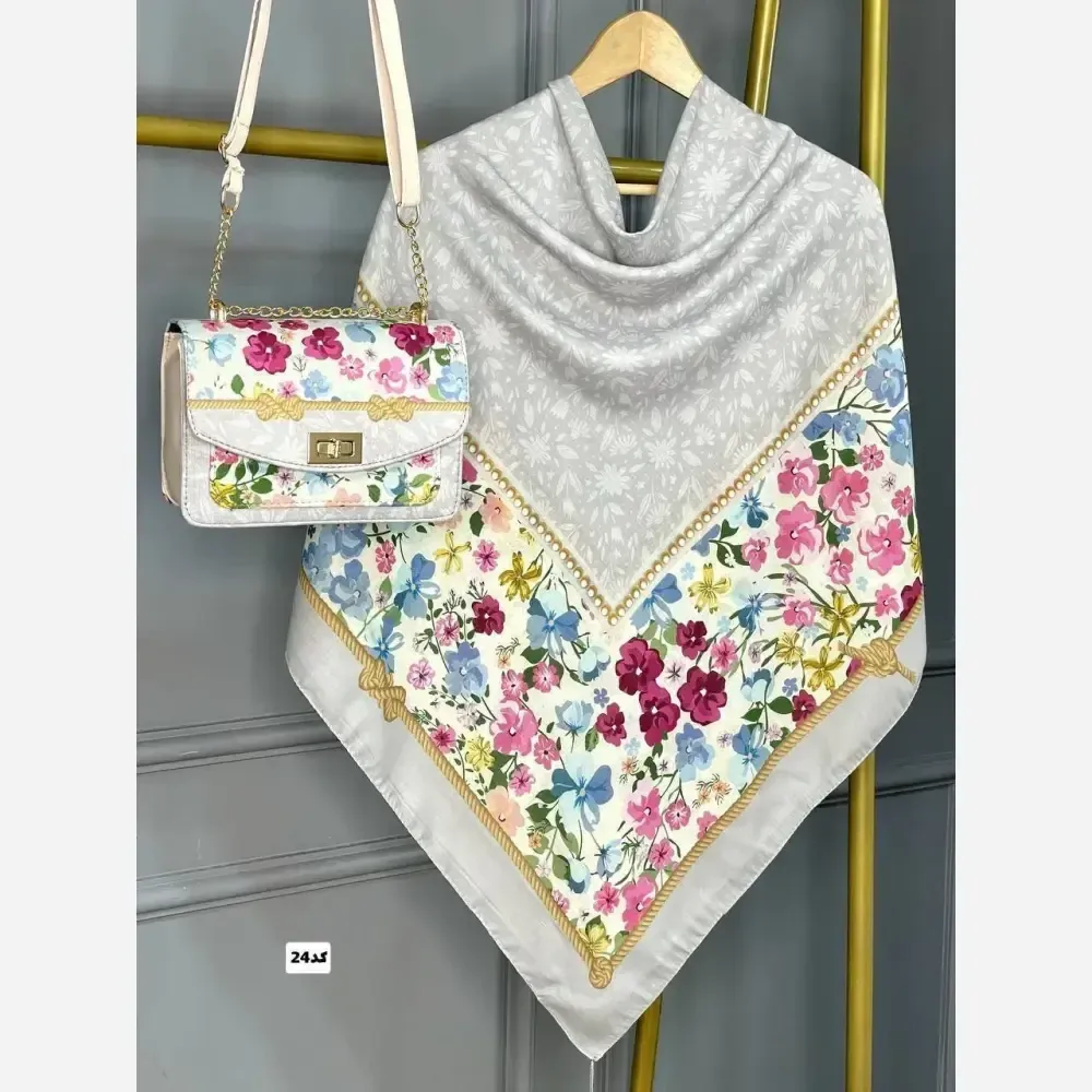ست کیف و روسری گلاره با کیف مخمل و چرم و روسری نخی منگولهدار