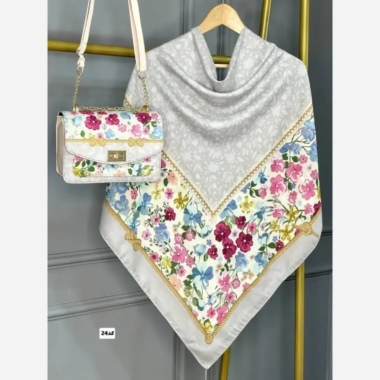 ست کیف و روسری گلاره با کیف مخمل و چرم و روسری نخی منگولهدار