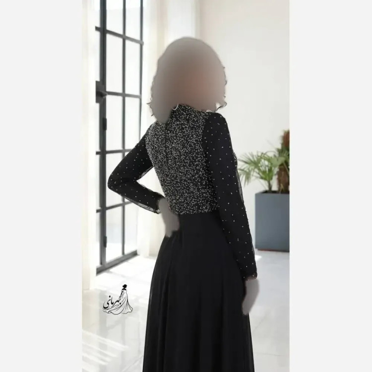 پیراهن مجلسی زنانه حریر سایز بزرگ کاپدار بالاتنه دانتل سنگدوزی شده مشکی