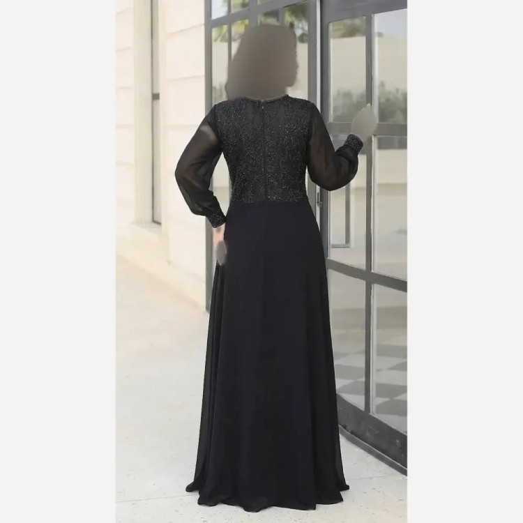 پیراهن مجلسی زنانه حریر سایز بزرگ کاپدار بالاتنه دانتل سنگدوزی شده مشکی