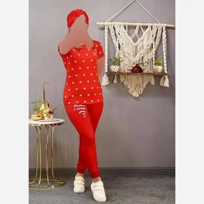 ست تیشرت و شلوار زنانه طرح قلبی جنس نخ ویسکوز مناسب سایز 38 تا 48