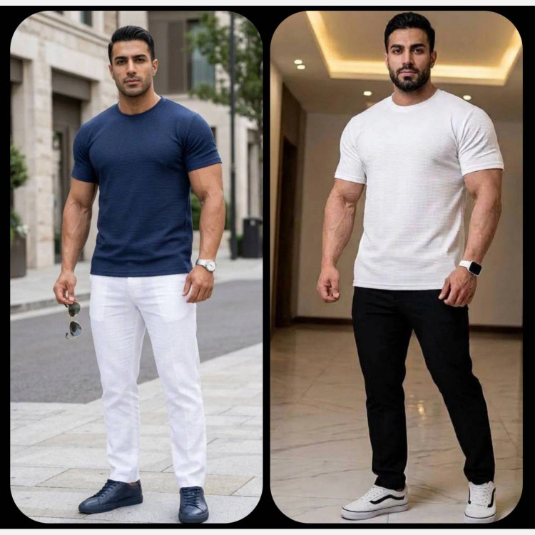 تیشرت مردانه یقه گرد جنس بیسکوییتی سایز بزرگ رنگ سفید و سورمه ای