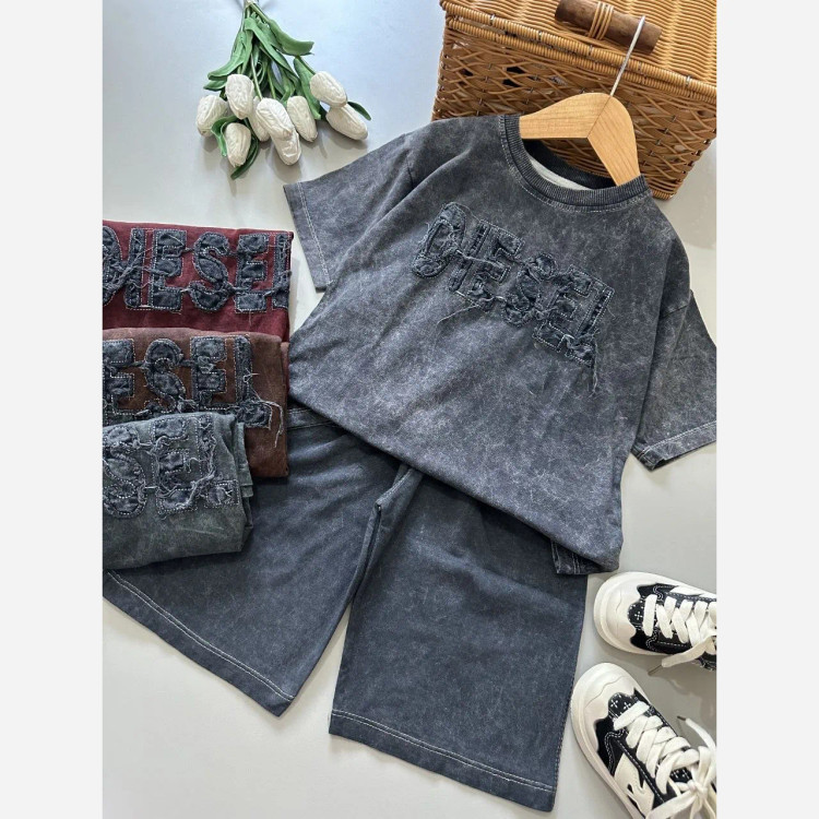 ست بلوز شلوارک پسرانه طرح سنگ شور اسپرت نخ پنبه