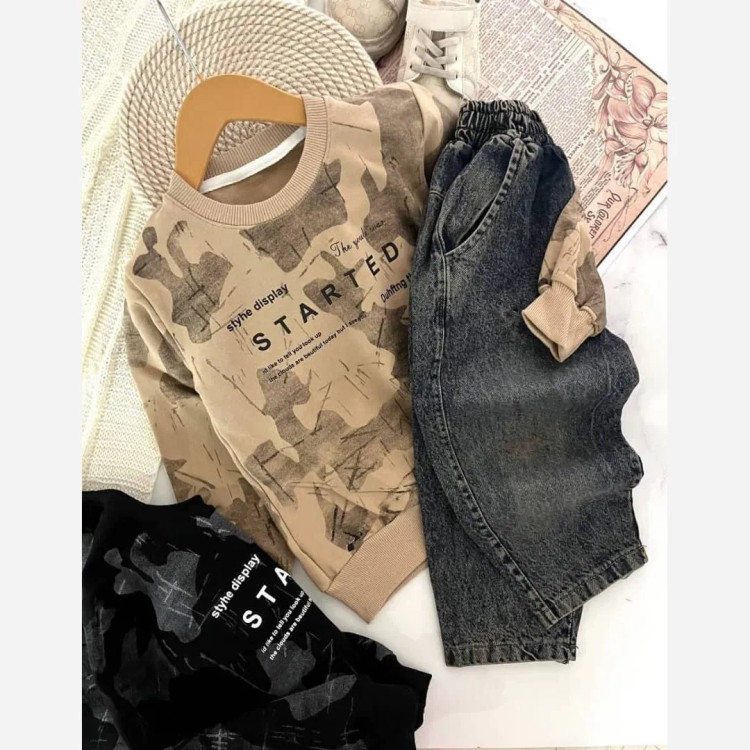 ست بلوز شلوار پسرانه بیرونی پنبه لاکرا رنگ نسکافه ای زغالی سایز 35 و 40