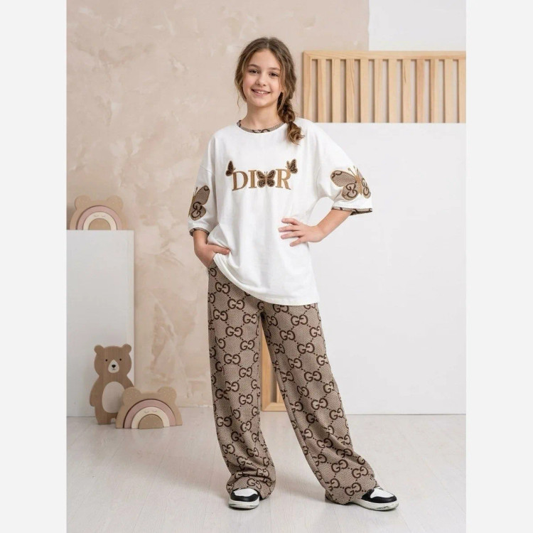 ست بلوز و شلوار دخترانه طرح پروانه جنس پنبه و دورس سایز 60 تا 70