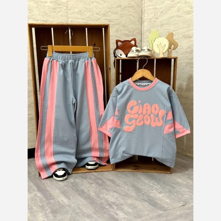 ست تیشرت و شلوار دخترانه سوپر پنبه لاکرادار سایز 50 تا 65 رنگ طوسی صورتی