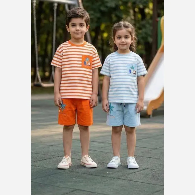 ست تیشرت شلوارک پسرانه و دخترانه طرح کمپ پنبه و کتان پنبه