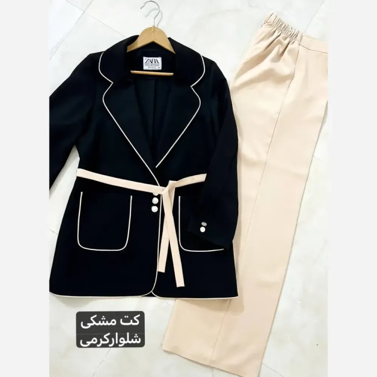 کت و شلوار زنانه دو رنگ کرپ مازراتی درجه یک بگ با کمربند