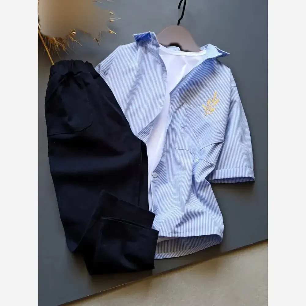 سه تیکه دخترانه بیرونی شومیز پیراهن تترون شلوار کتان و تاپ پنبه گلدوزی سایز 55 تا 70