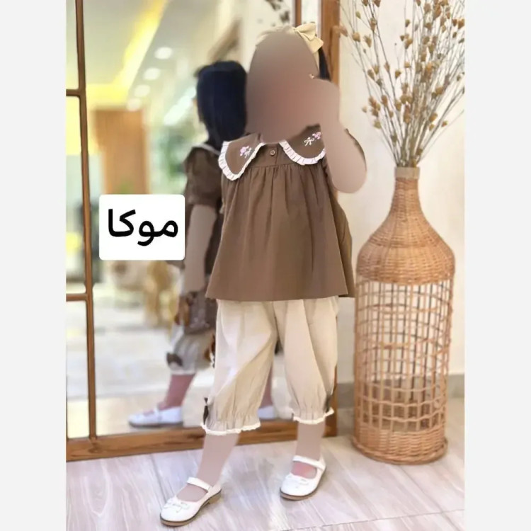 سه تیکه دخترانه بیرونی شومیز پیراهن تترون شلوار کتان و تاپ پنبه گلدوزی سایز 55 تا 70