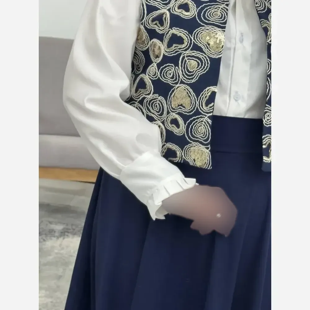 ست سه تیکه شومیز جلیقه و دامن نگین سرمه ای فری سایز
