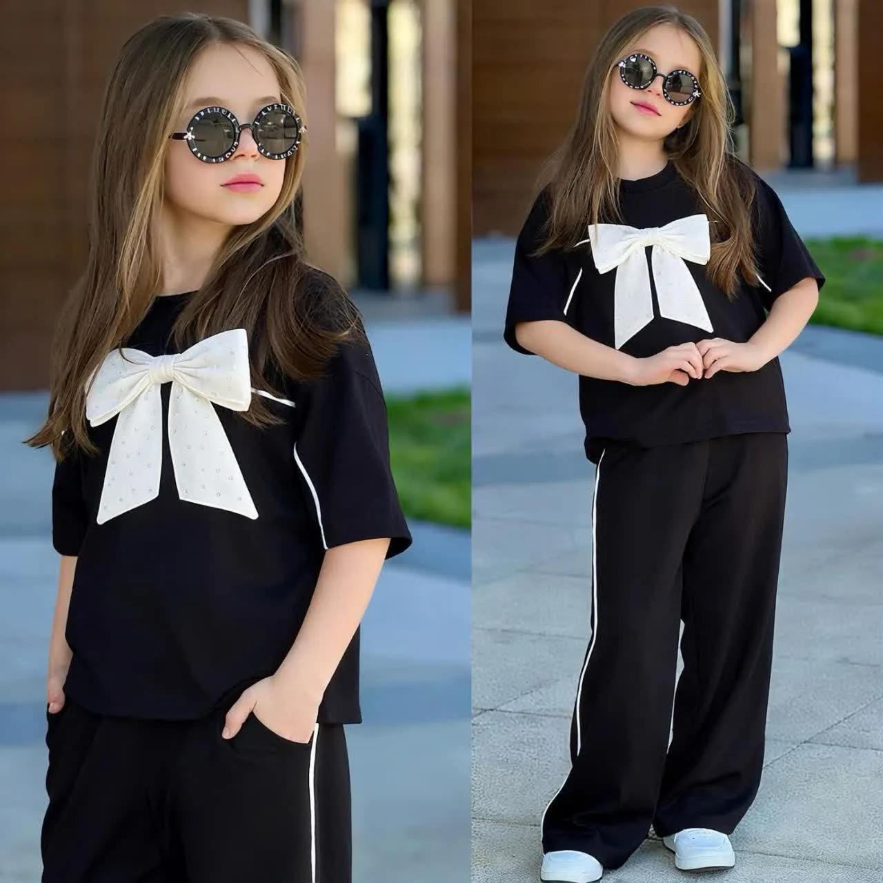 ست تیشرت و شلوار دخترانه پنبه لاکرادار و دورس دو نخ شیک