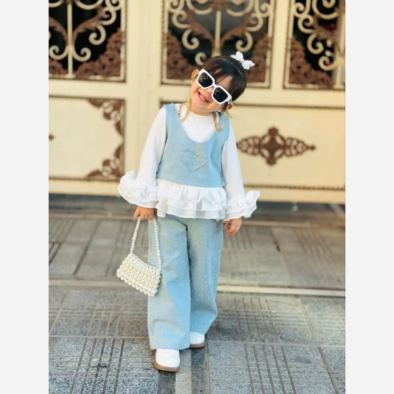 ست سه تیکه دخترانه بلوز شلوار و وست مجلسی عروسکی نگین دار مناسب 3 تا 10 سال