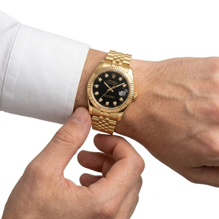 ساعت مردانه رولکس دیت جاست طلایی صفحه مشکی نگین دار مسترکوالیتی موتور ژاپن
