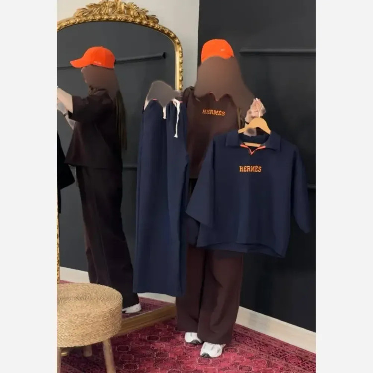 ست بلوز و شلوار زنانه مازراتی طرح هرمس رنگ مشکی موکا سرمه ای فری سایز