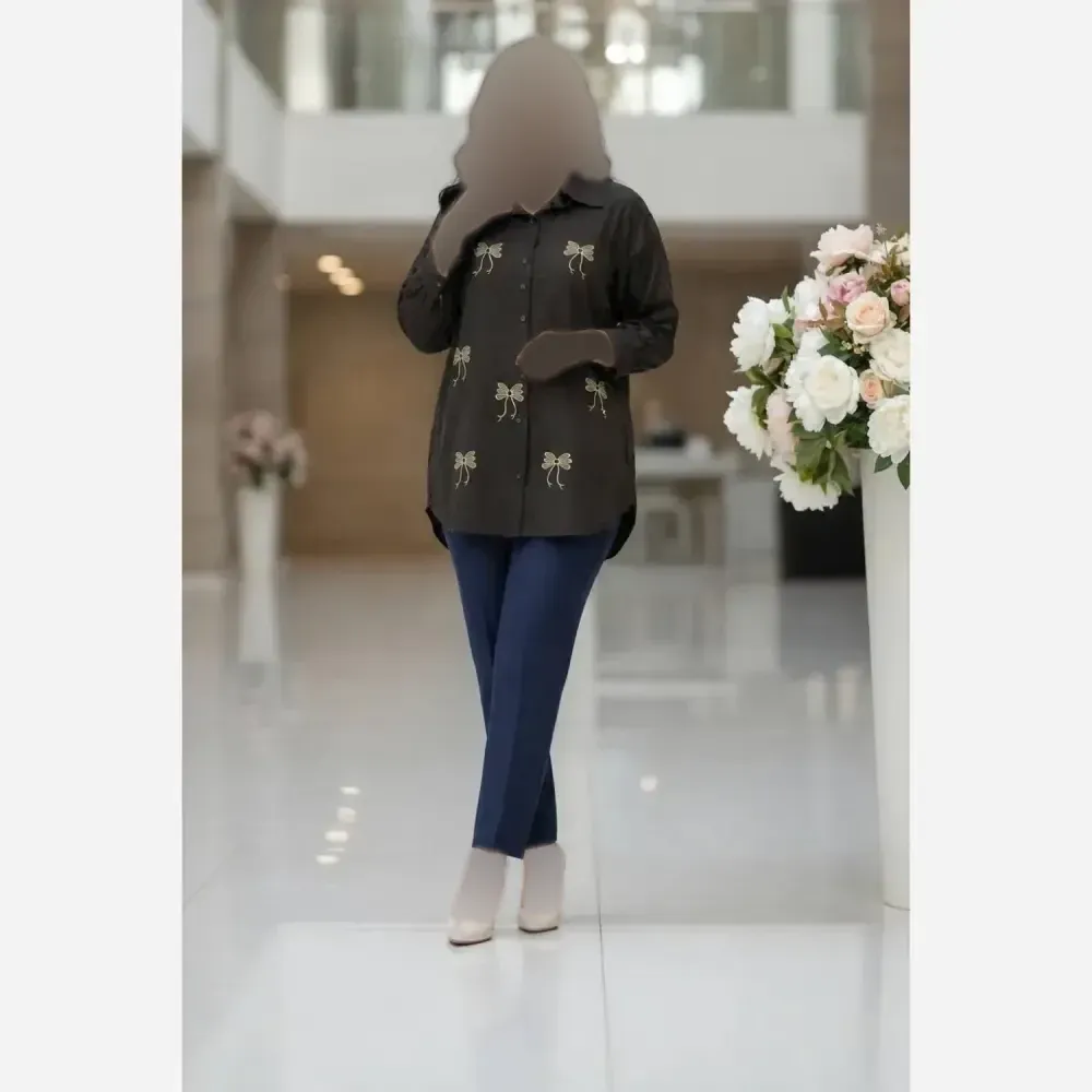 مانتو نیلا لنین پنبه گلدوزی خنک و تابستانی فری سایز