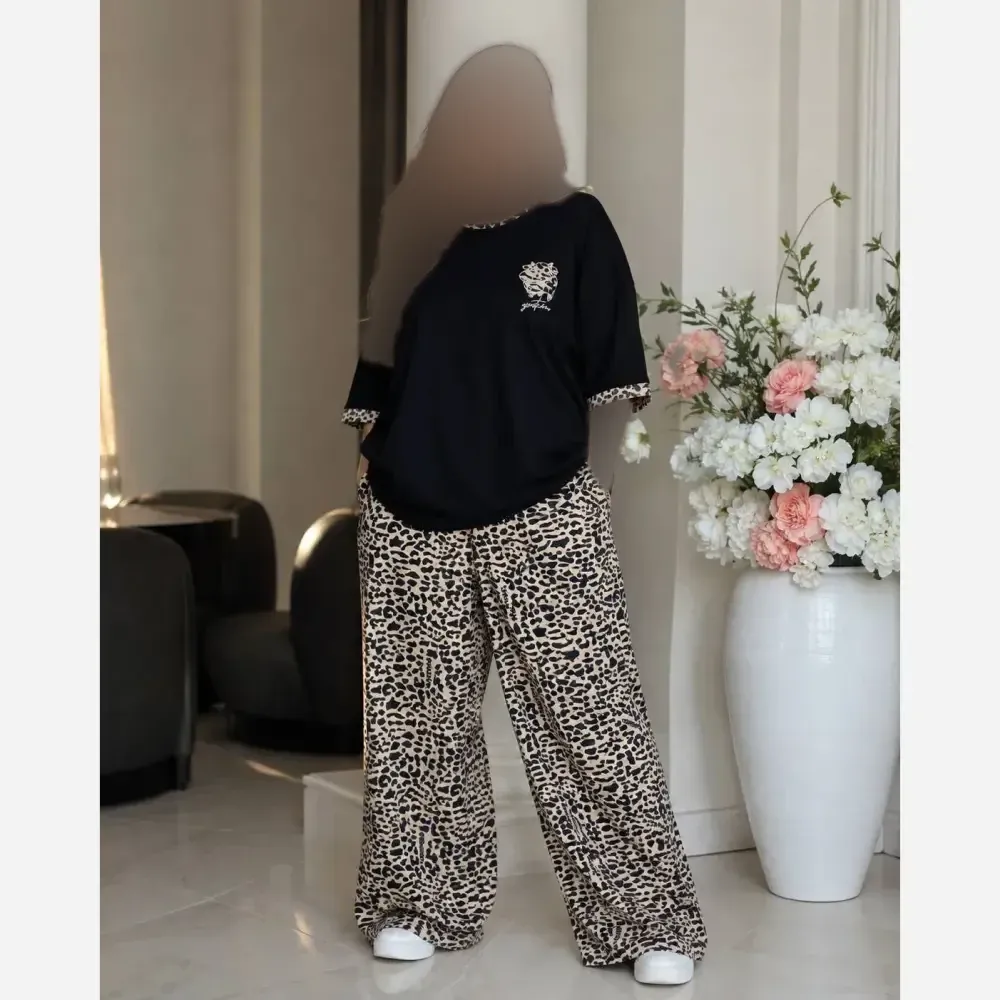 ست تیشرت و شلوار پلنگی زنانه جنس گلکسی پنبه درجه یک فری سایز