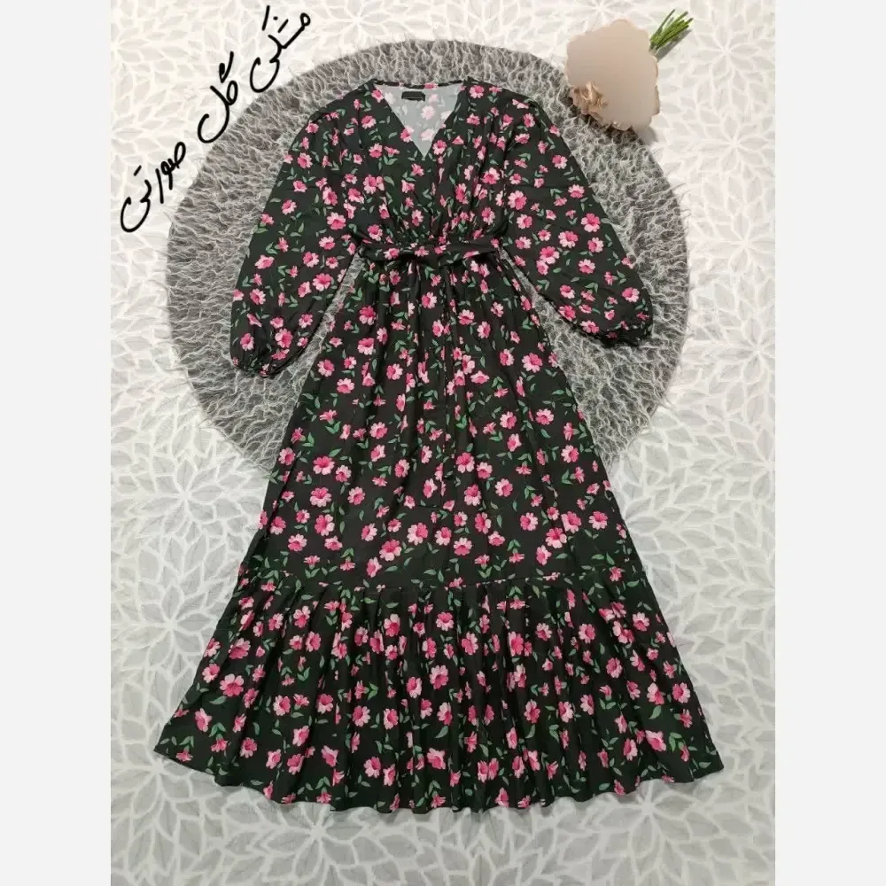 پیراهن چین دار گلی جنس بوگاتی اعلاء فری سایز