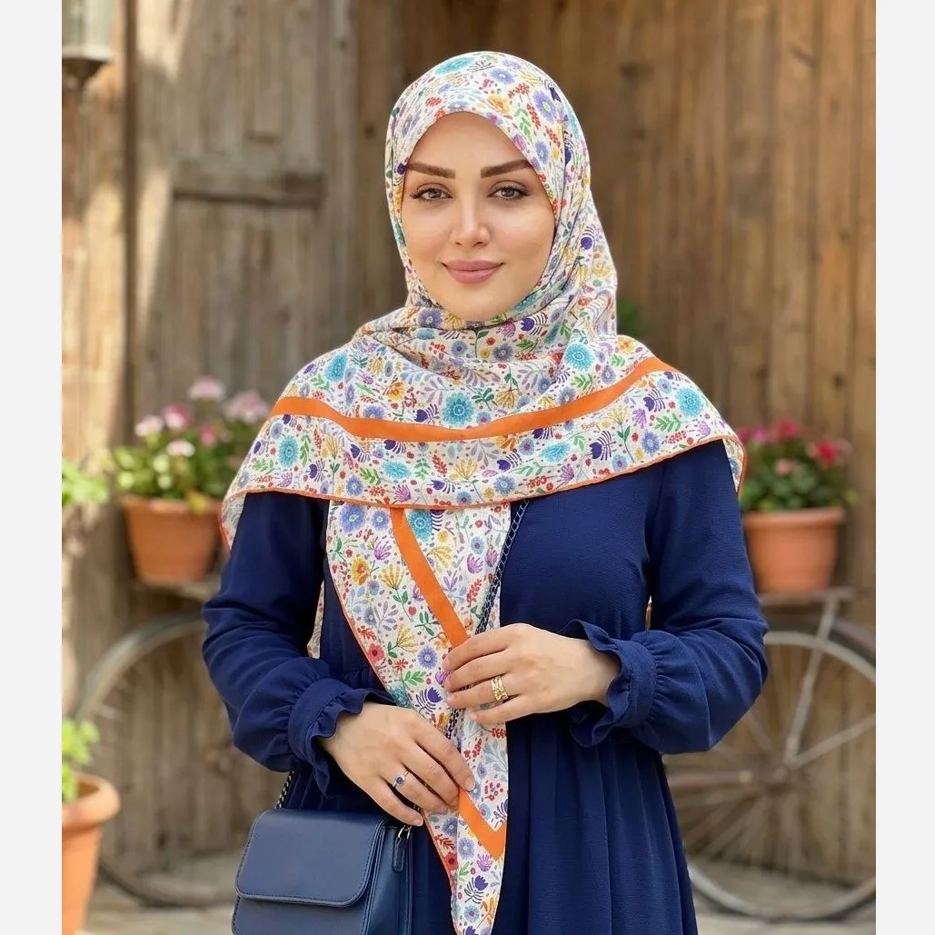 روسری نخ کاستوم طرح گلدخت قواره بزرگ 140 سانتیمتر رنگی شاد بهاری تابستانی
