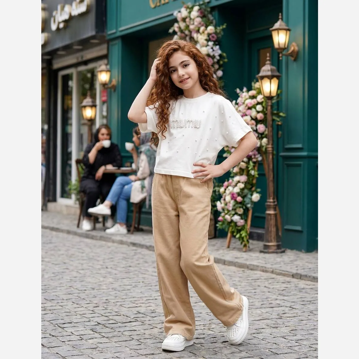 تیشرت دخترانه طرح میو میو مرواریدی جنس پنبه ترک رنگ سبز و طوسی سایز S تا 2XL